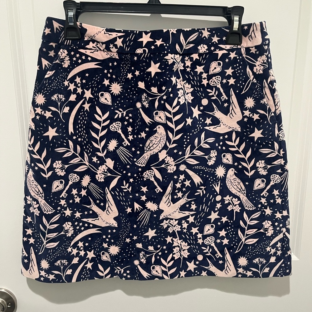 Boden Navy and Pink Bird Pattern Mini Skirt